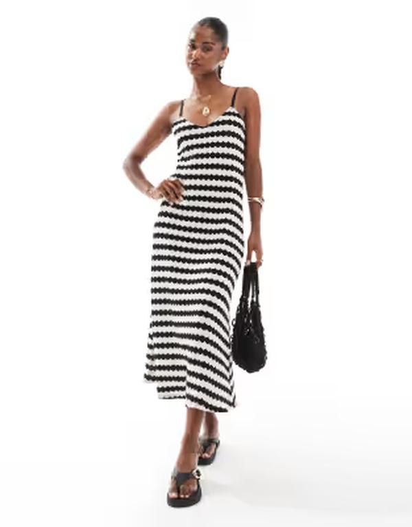 オンリー レディース トップス ワンピース マキシ ONLY crochet maxi dress white stripes Black ブラック