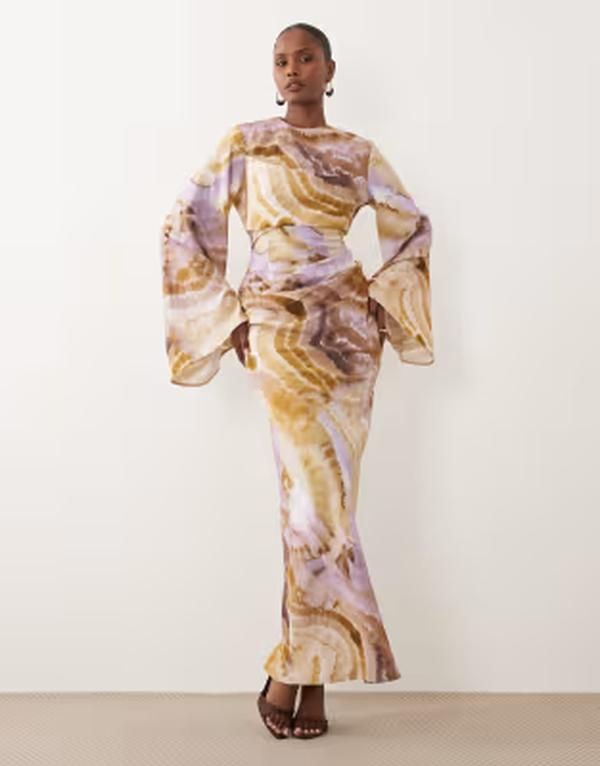 エイソス レディース トップス ワンピース プリント マキシ ASOS DESIGN long sleeve waisted maxi dress in abstract print Abstract print