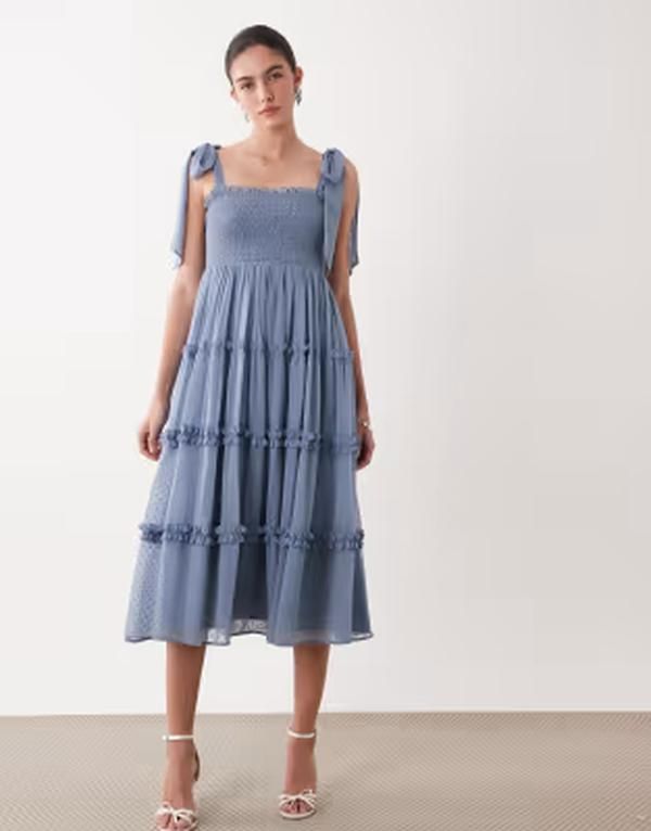 レース アンド ビーズ レディース トップス ワンピース フリル メッシュ ミディ Lace Beads dobby mesh bow shoulder shirred ruffle midi dress BLUE ブルー