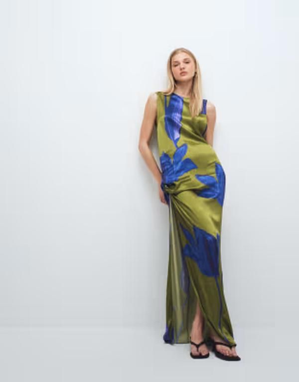 トップショップ レディース トップス ワンピース アシンメトリー フラワー柄 ドレープ サテン ノースリーブ マキシ フラワー Topshop satin sleeveless asymmetric drape maxi dress and blue flor