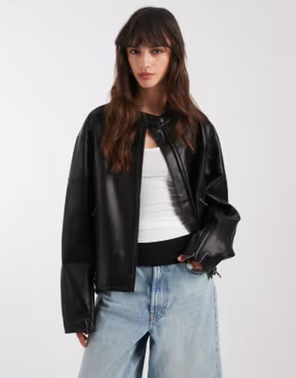 エイソス レディース アウター ジャケット・ブルゾン レザー ASOS DESIGN motorsport leather look moto jacket Black ブラック