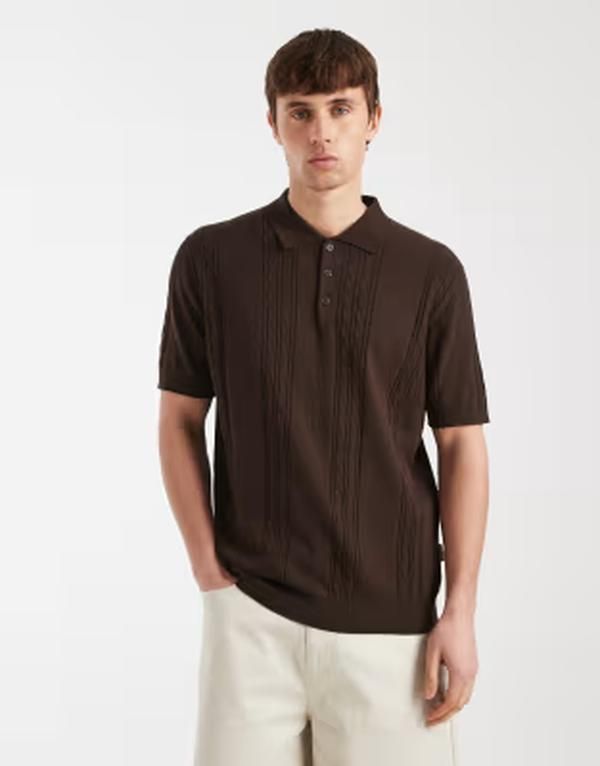 レディファインド レブル メンズ トップス ポロシャツ ニット Redefined Rebel Griffin knit polo top in coffee BROWN ブラウン