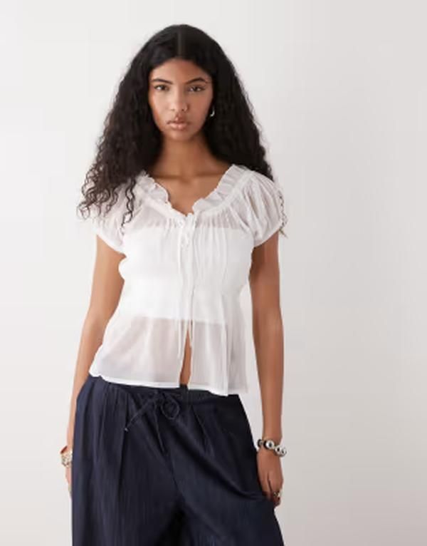 コルージョン レディース トップス シャツ ブラウス COLLUSION frill trim short sleeve blouse WHITE ホワイト