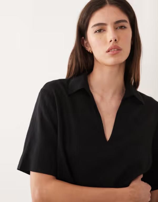 ノーバディーズ チャイルド レディース トップス シャツ Vネック リネン Nobodys Child Gale linen blend short sleeve vneck polo top Black ブラック