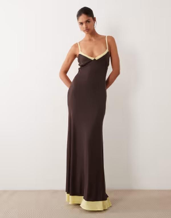 エイソス レディース トップス ワンピース メッシュ コントラスト マキシ ASOS DESIGN mesh contrast cami maxi dress in chocolate チョコレート
