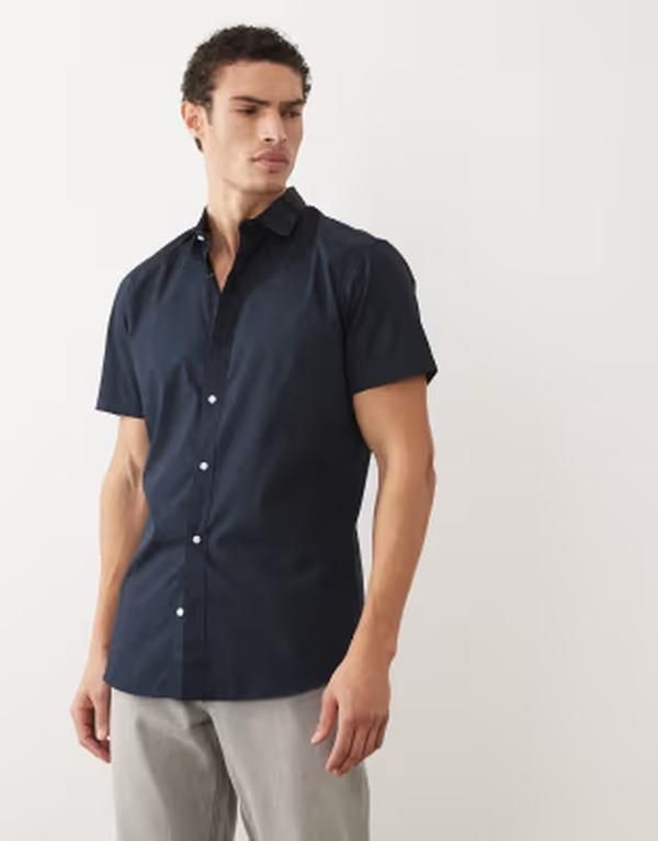 ジャック アンド ジョーンズ メンズ トップス シャツ Jack Joneshort sleeve poplin shirt Navy Blazer ネイビー