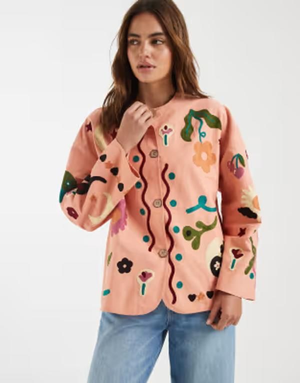 エイソス レディース アウター ジャケット・ブルゾン 刺繍 ASOS DESIGN embroidered collarless jacket in peach ピーチ