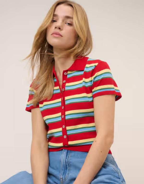 ノーバディーズ チャイルド レディース トップス ポロシャツ ニット Nobodys Child waisted knit polo top stripes Red レッド