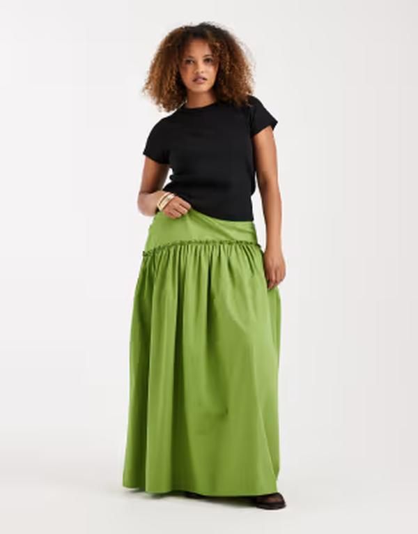 エイソス レディース ボトムスカート アシンメトリー マキシ ASOS Curve ASOS DESIGN Curve asymmetric dropped waist maxi skirt green グリーン