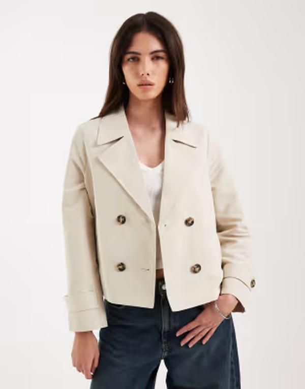 ヴェロモーダ レディース アウター コート クロップド Vero Moda lightweight cropped trench coat in oatmeal オートミール