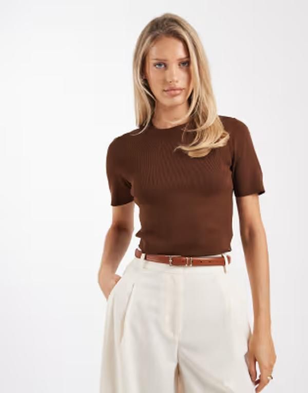 ブレーブソウル レディース アウター ニット・セーター Brave Soul compact knit short sleeve sweater in chocolate チョコレート