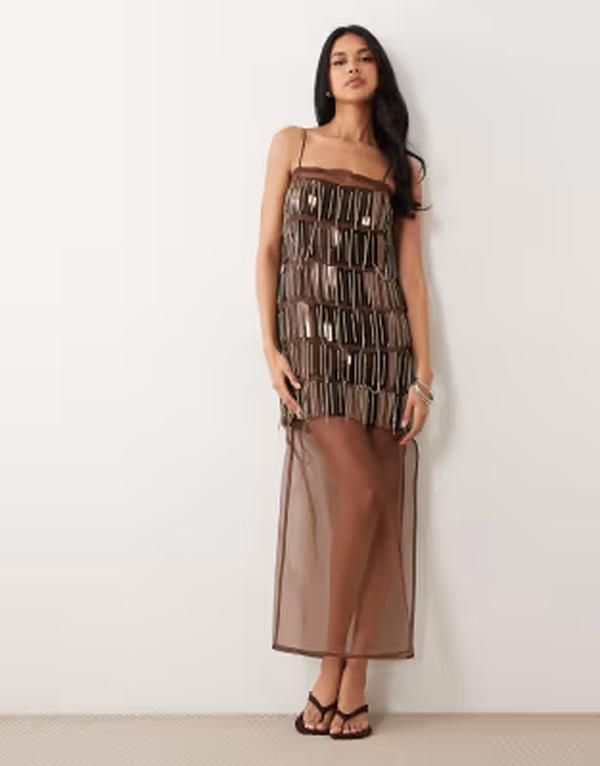 エイソス レディース トップス ワンピース シアー マキシ ASOS DESIGN cami embellished sheer mix column maxi dress Brown ブラウン