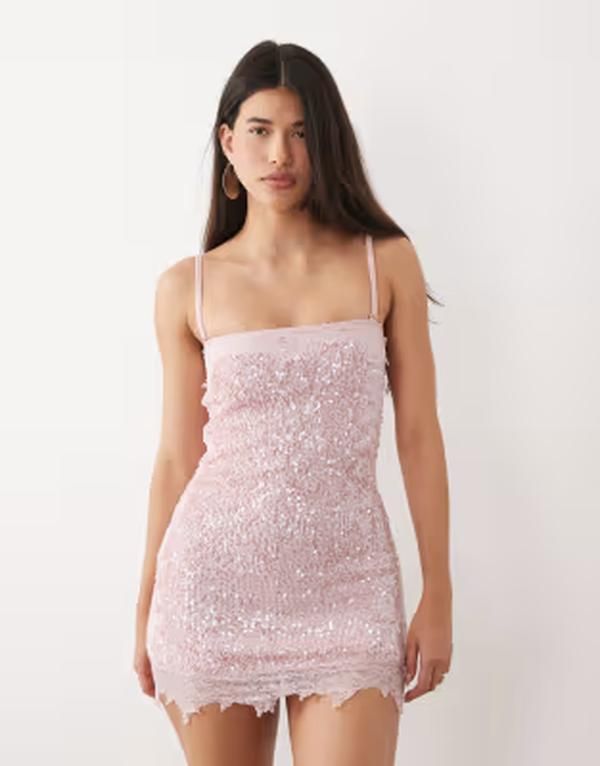 サウスビーチ レディース トップス ワンピース レーストリム ミニ スパンコール レース South Beach sequin mini dress with lace trim in light PINK ピンク