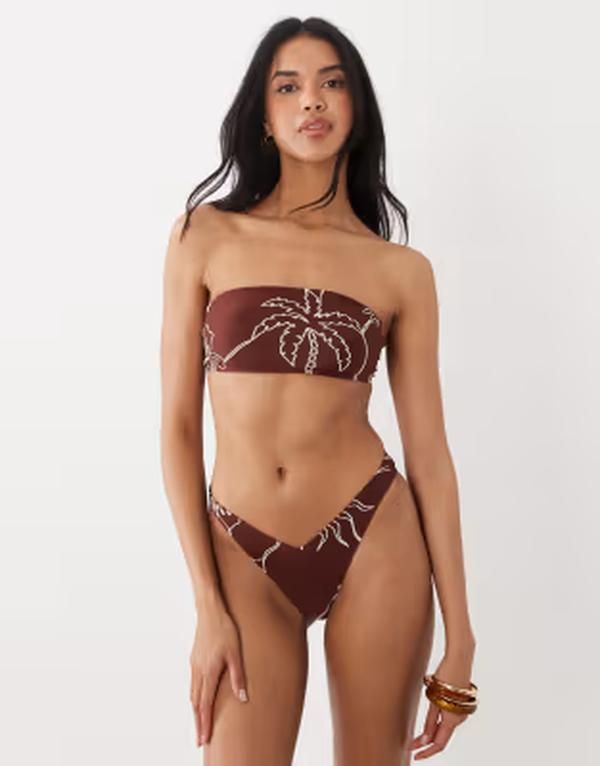 エイソス レディース 水着 トップのみ プリント ASOS DESIGN Logan bandeau bikini top in chocolate palm print Chocolate print チョコレート
