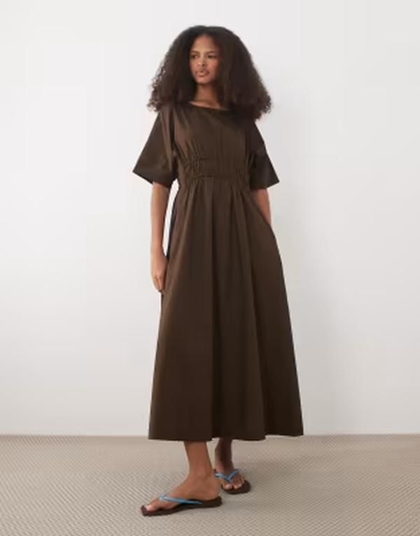 スリードベア レディース トップス ワンピース ミディ コットン Threadbare cotton poplin short sleeve midi dress in chocolate BROWN ブラウン