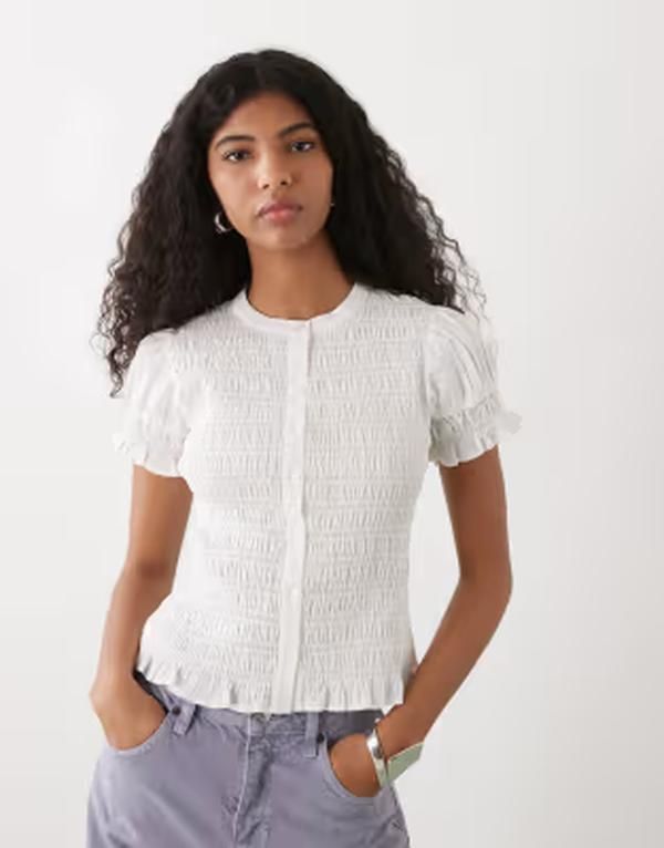 コルージョン レディース トップス シャツ ブラウス COLLUSION shirred button detail short sleeve blouse WHITE ホワイト