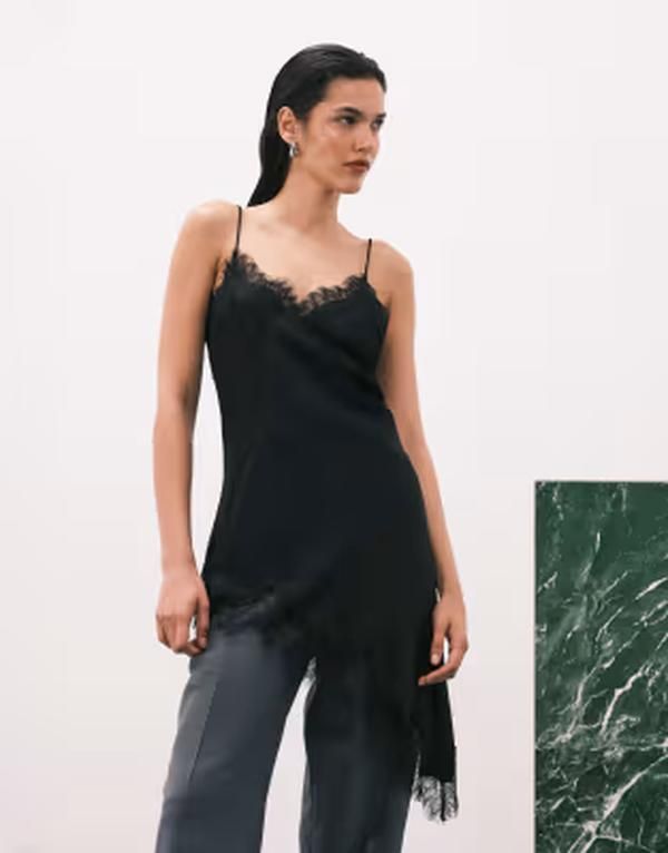 マンゴ レディース トップス シャツ アシンメトリー サテン レース Mango asymmetric hem longline satin cami top with lacedge Black ブラック