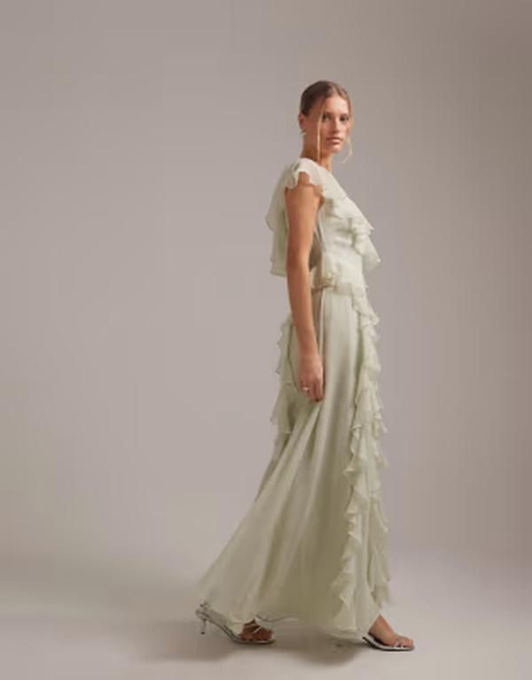 エイソス レディース トップス ワンピース フリル マキシ ASOS DESIGN bridesmaids wrap front ruffle maxi dress in sage GREEN グリーン