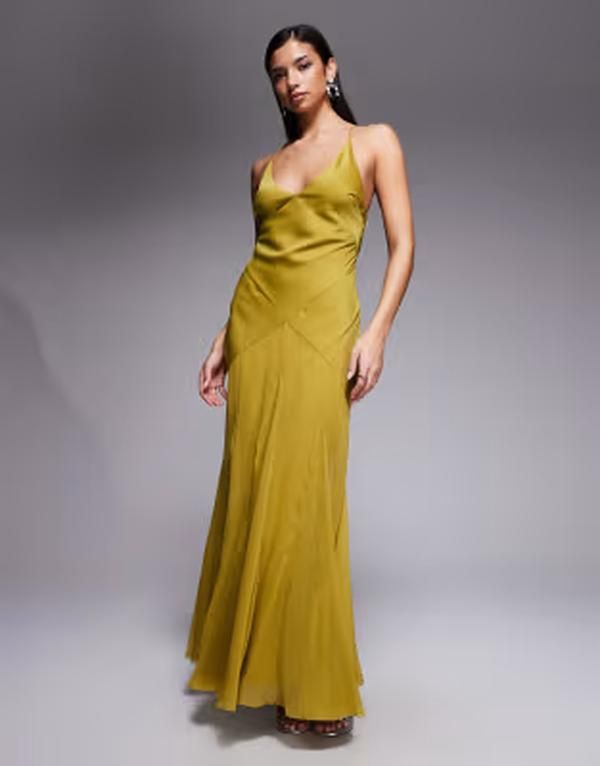 エイソス レディース トップス ワンピース マキシ ASOS DESIGN bias cut plunge bodice maxi dress with godets in olive オリーブ
