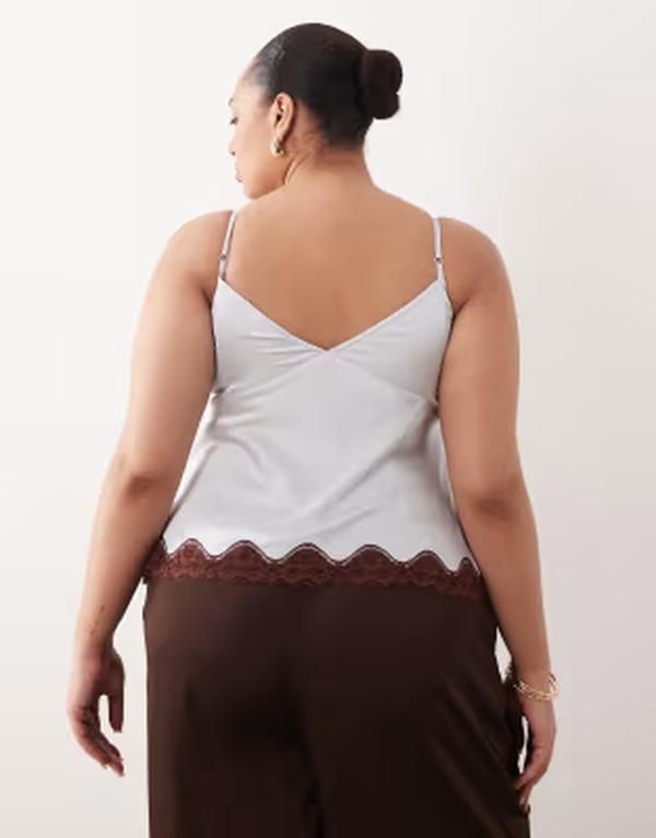 エイソス レディース トップス シャツ レーストリム サテン レース ASOS Curve ASOS DESIGN Curve lace trim satin cami and Bluebrown ブルー