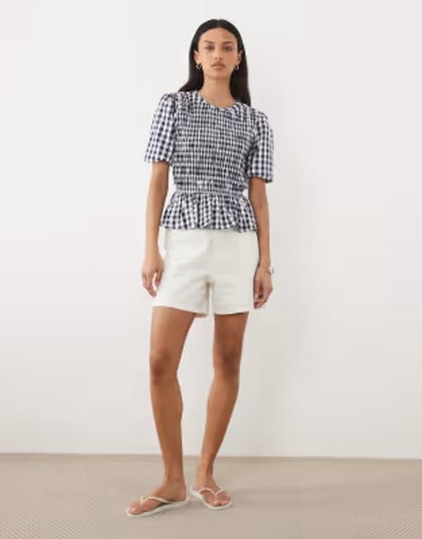 スリードベア レディース トップス シャツ ギンガムチェック ギンガム Threadbare textured shirred top with puff sleeves gingham Navy Gingham ネイビー