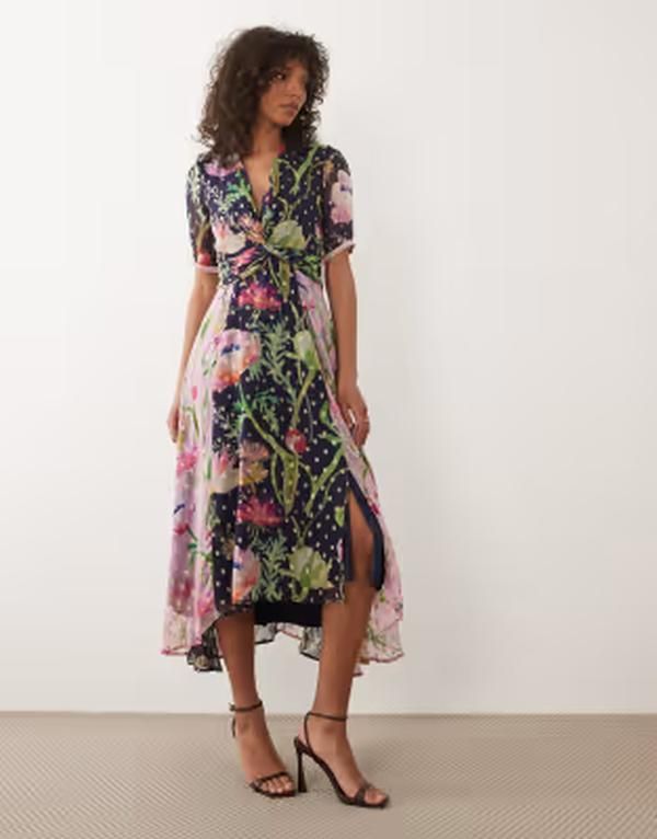 ホープ&アイビー レディース トップス ワンピース フラワー柄 プリント ミディ フラワー Hope Ivy wrap bust midi tea dress in mixed floral print NAVY POLKADOT FLORAL MIX ネイビ