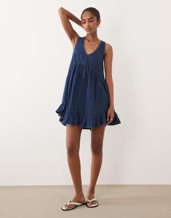 エイソス レディース トップス ワンピース Vネック ティアード デニム ASOS DESIGN denim v neck tiered smock dress in midARK MID BLUE ブルー