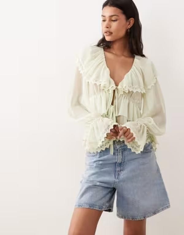 ミスセルフフリッジ レディース トップス シャツ シフォン フリル ブラウス Misselfridge chiffon ruffle trim tie front blouse in mint ミント