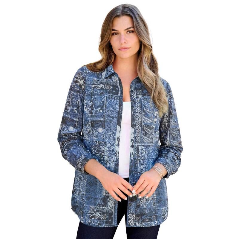 ロアマンズ レディース トップス シャツ プラスサイズ コットン Roamans Womens Plusize Kate Long Sleeveasy CottonBlend ButtonFront Shirt Evening Blue Paisley ブルー
