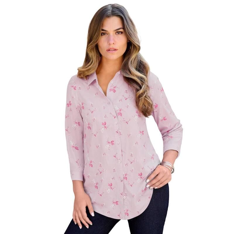 ロアマンズ レディース トップス シャツ プラスサイズ コットン Roamans Womens Plusize Kate Long Sleeveasy CottonBlend ButtonFront Shirt Lavender Pretty Floral ラ