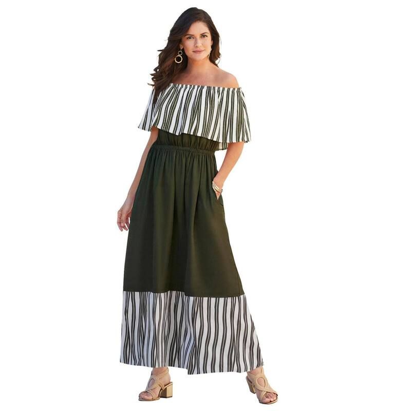 ジェシカロンドン レディース トップス ワンピース プラスサイズ マキシ Jessica London Womens Plusize OffTheShoulder Maxi Dress Olive Green Stripe グリーン