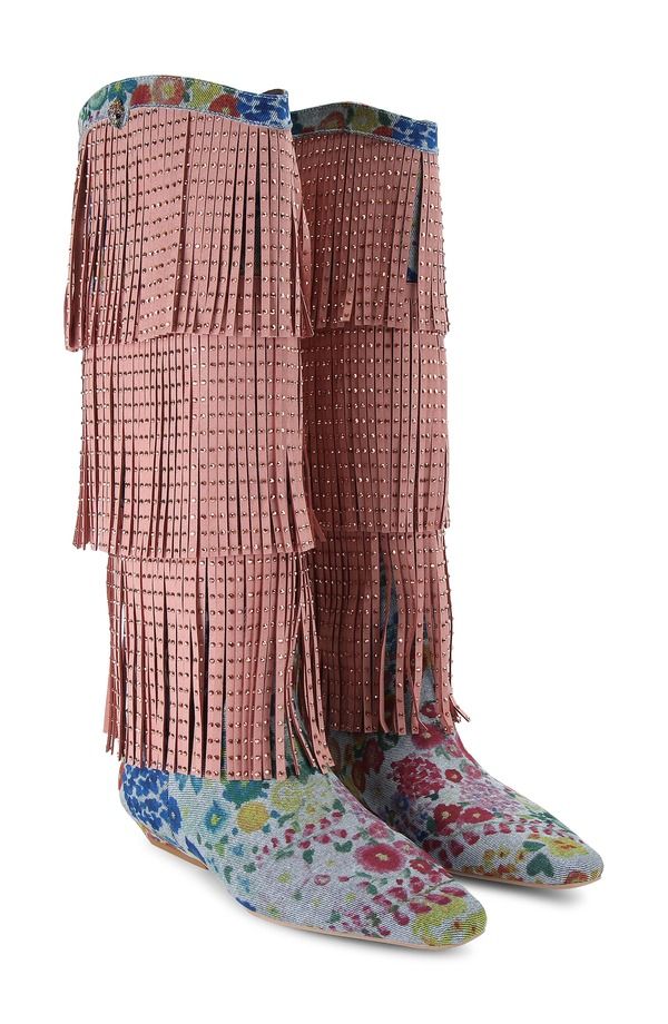 カートジェイガーロンドン レディース シューズ ブーツ・レインブーツ フラワー柄 スパンコール フリンジ フラワー Kurt Geiger London Floral Sequin Fringe Western Boot Light Pastel Blue ブ