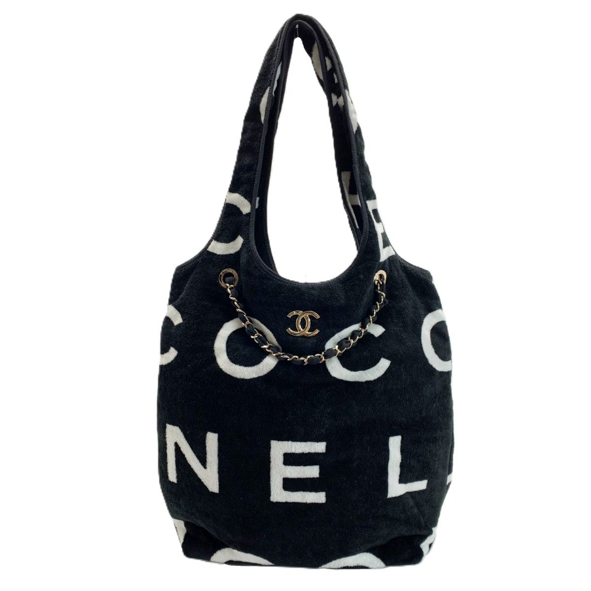 CHANEL シャネル ココビーチ レザー編み込みチェーントートバッグ L4U4294G ブラック×ホワイト レディース