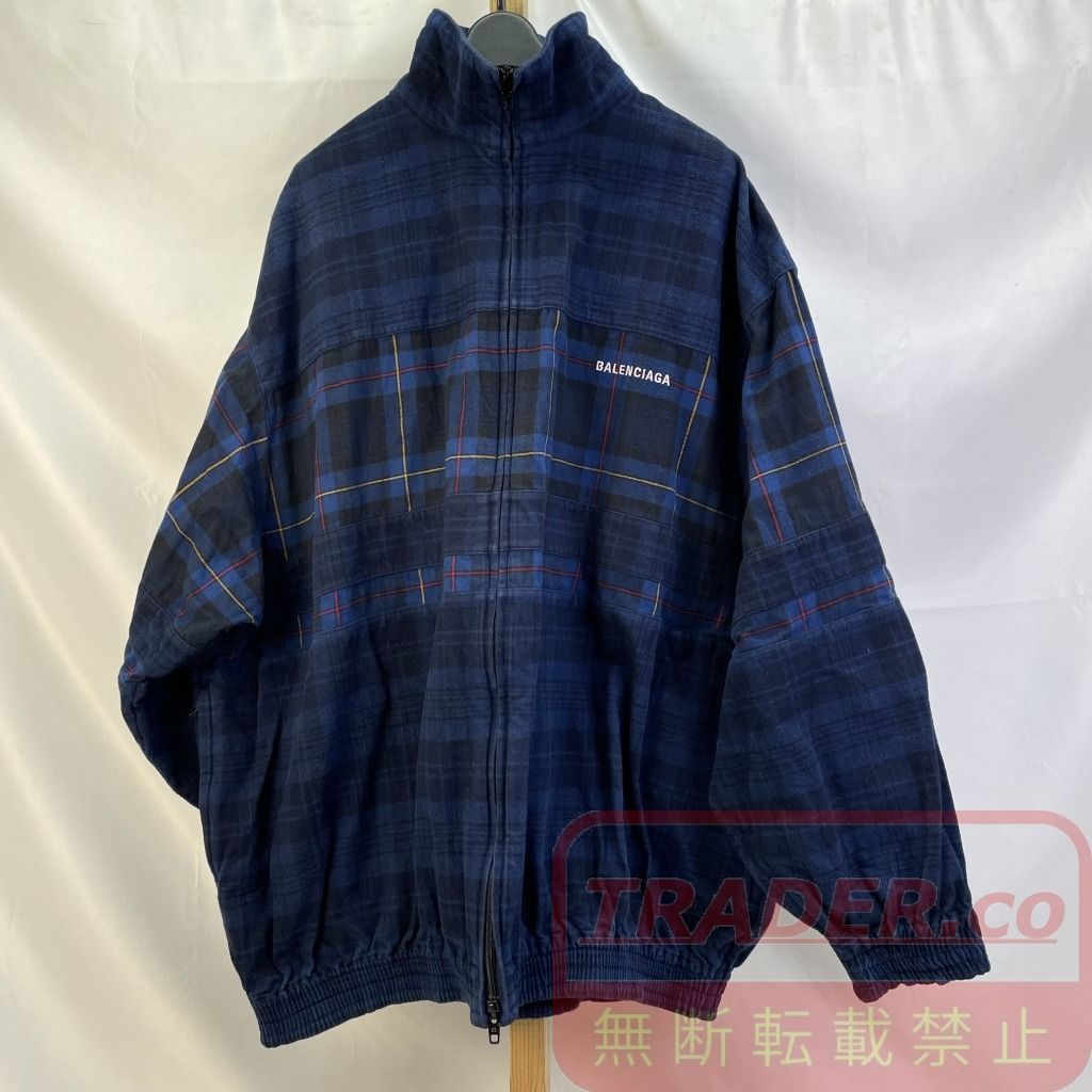 01w-6729 バレンシアガ BALENCIAGA 20AW Blue Checked Flannel Jacket ジップアップフランネルチェックブルゾン ロゴ入りハンガー・保存袋付き サイズ44 【中古品】