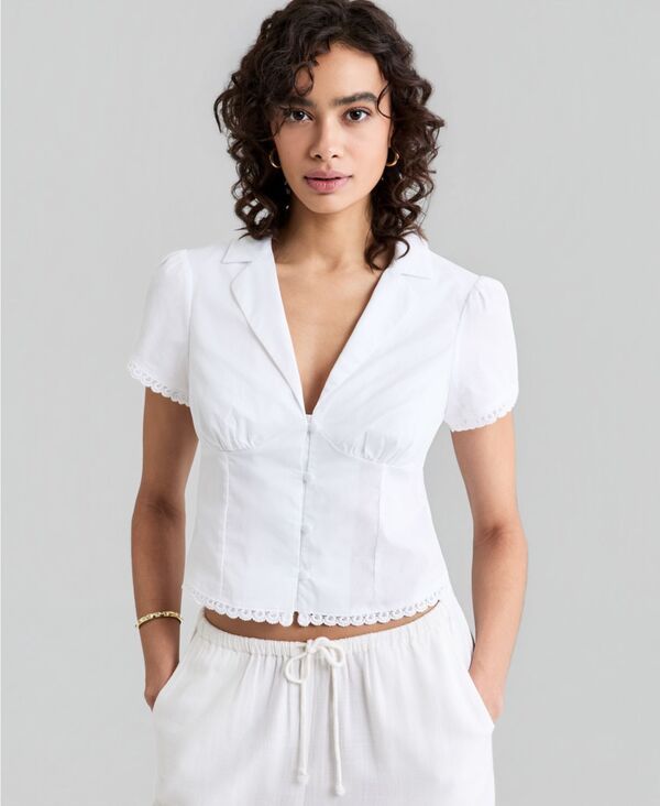 アンドノウディス レディース トップス シャツ コットン レース And Now This Womens LaceTrim Fitted Cotton Shirt Macys Exclusive Bright White ホワイト