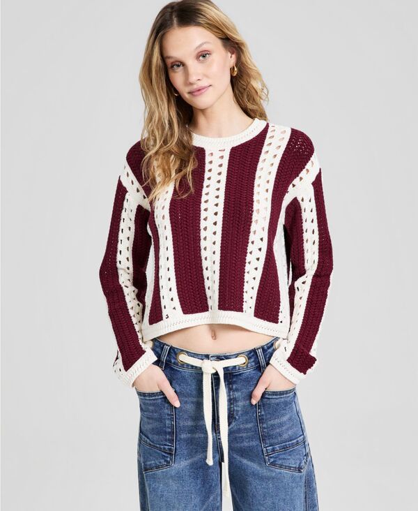 アンドノウディス レディース アウター ニット・セーター クルーネック And Now This Womens Crewneck Stripe Crochet Sweater Macys Exclusive Burgundy バーガンディ