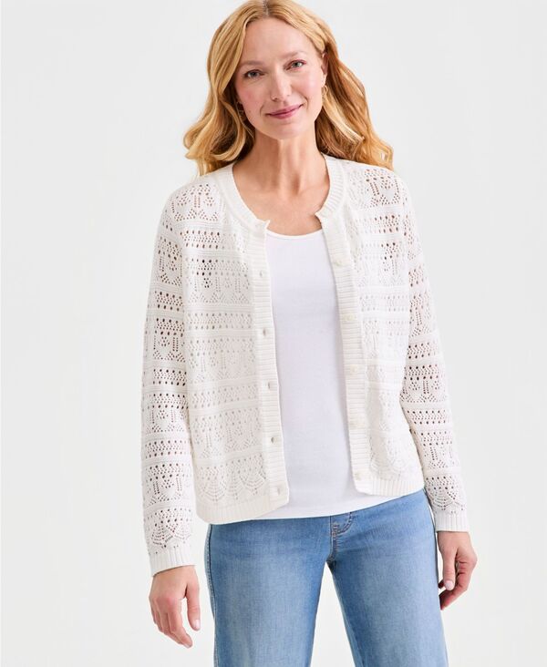 スタイルアンドコー レディース アウター ニット・セーター コットン カーディガン Style Co Womens Cotton Pointelle Cardigan Sweater Macys Exclusive Shiitake