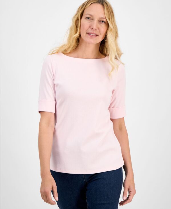 スタイルアンドコー レディース トップス シャツ コットン Style Co Womens BoatNeck Elbow Sleeve Cotton Top Exclusively at Macys Pink Petals ピンク