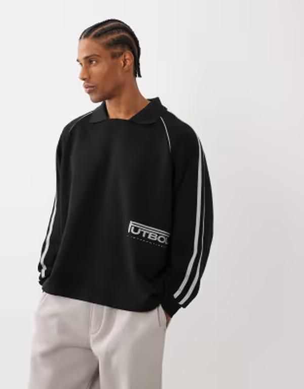コットンオン メンズ アウター ニット・セーター ポロシャツ フリース Cotton raglan polo fleece WASHED BLACK ブラック