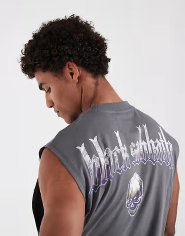 エイソス メンズ トップス ベスト プリント ASOS DESIGN oversized tank with Black Sabbath print in charcoal Gray グレー