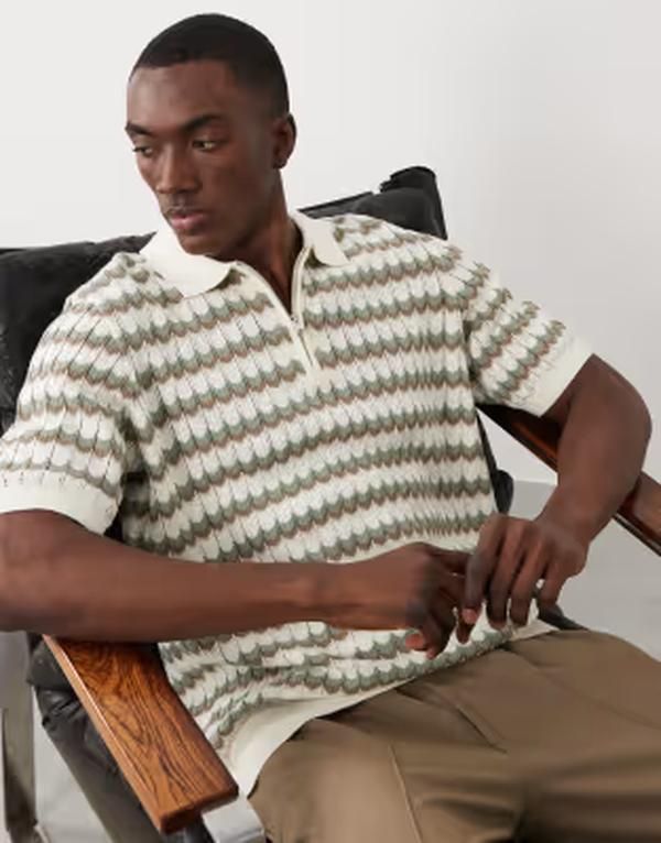 スリードベア メンズ トップス ポロシャツ ハーフジップリント ニット Threadbare knit quarter zip short sleeve polo top in zigzag print part of a set ECRU エクリュ