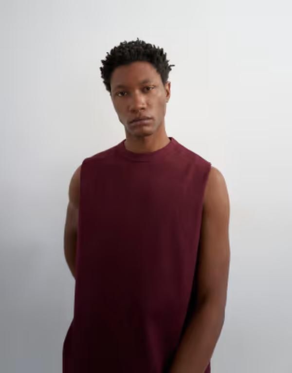 トップマン メンズ トップス Tシャツ リラックスフィット ノースリーブ Topman premium relaxed fit sleeveless Tshirt in dark Burgundy バーガンディ