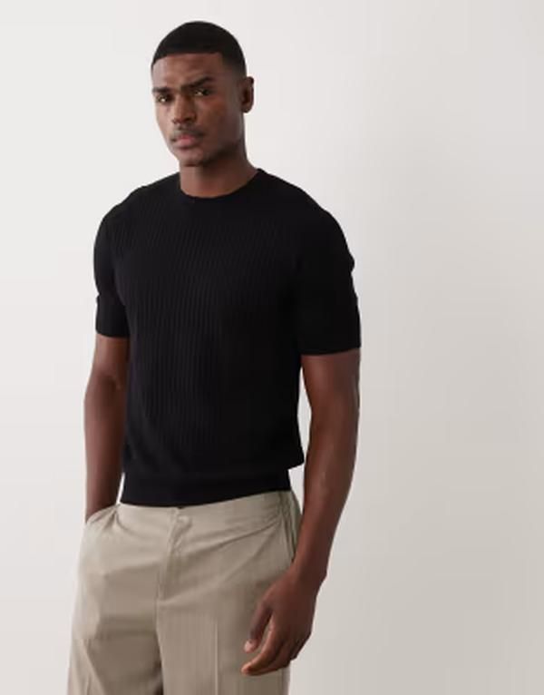 マンゴ メンズ トップス Tシャツ リブ ニット Mango modal blend fine knit ribbed Tshirt Black ブラック