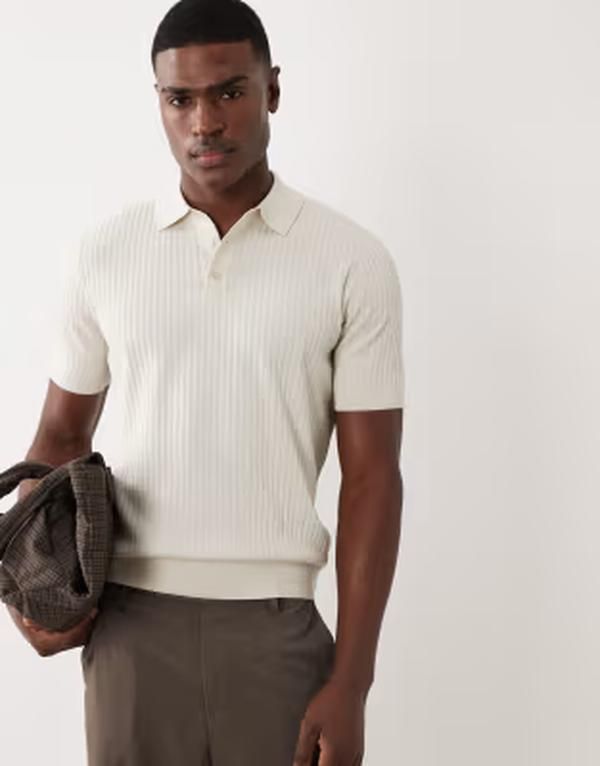 マンゴ メンズ トップス ポロシャツ リブ ニット Mango ribbed fine knit polo shirt in tan タン 15,525円