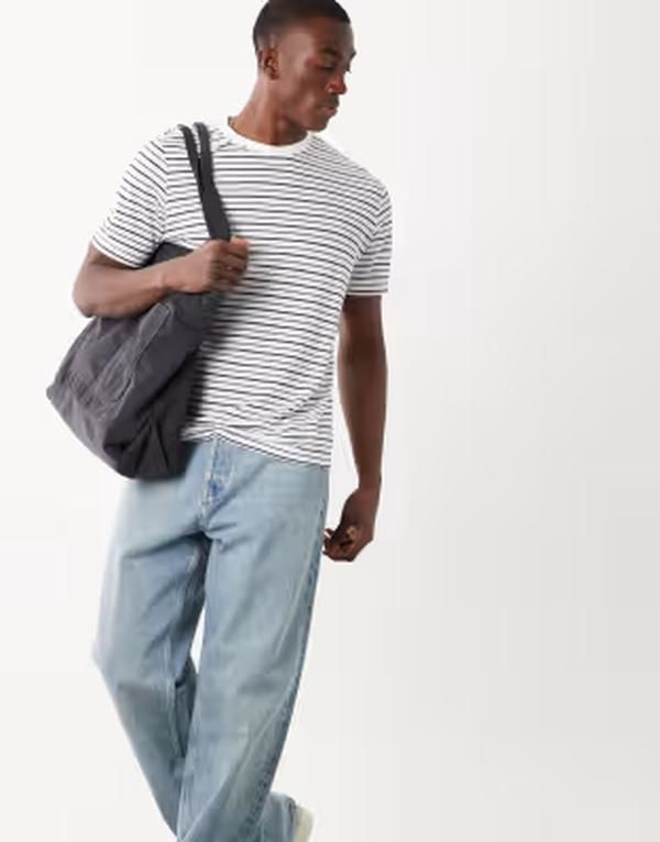 マンゴ メンズ トップス Tシャツ リラックスフィット リネン Mango linen mix relaxed fit striped Tshirt WHITE ホワイト
