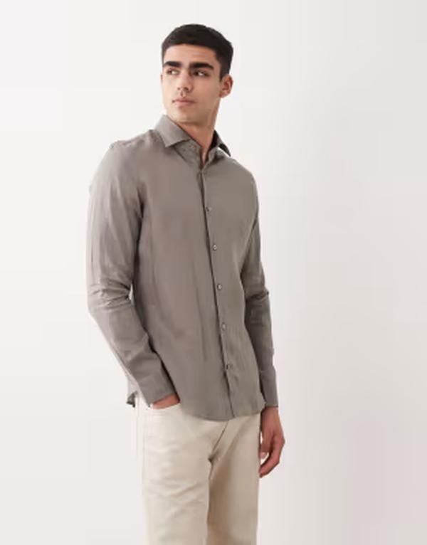 マンゴ メンズ トップス シャツ リネン Mango 100 linen relaxed shirt BROWN ブラウン