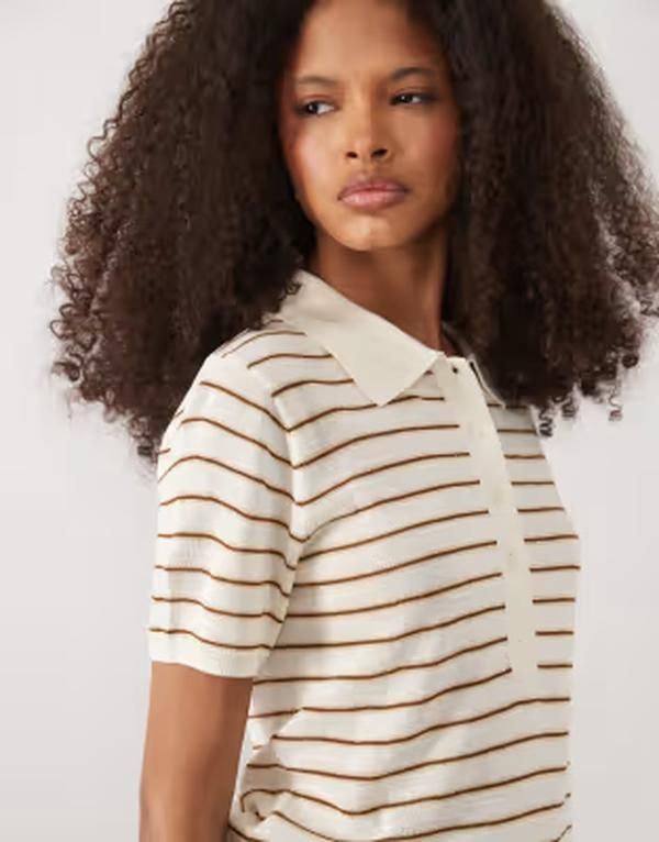 マンゴ レディース トップス タンクトップ ポロシャツ Mango short sleeve polo top in cream and brown stripes BEIGE ベージュ