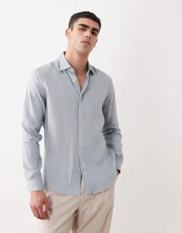 マンゴ メンズ トップス シャツ リネン Mango 100 linen long sleeve shirt in light BLUE ブルー