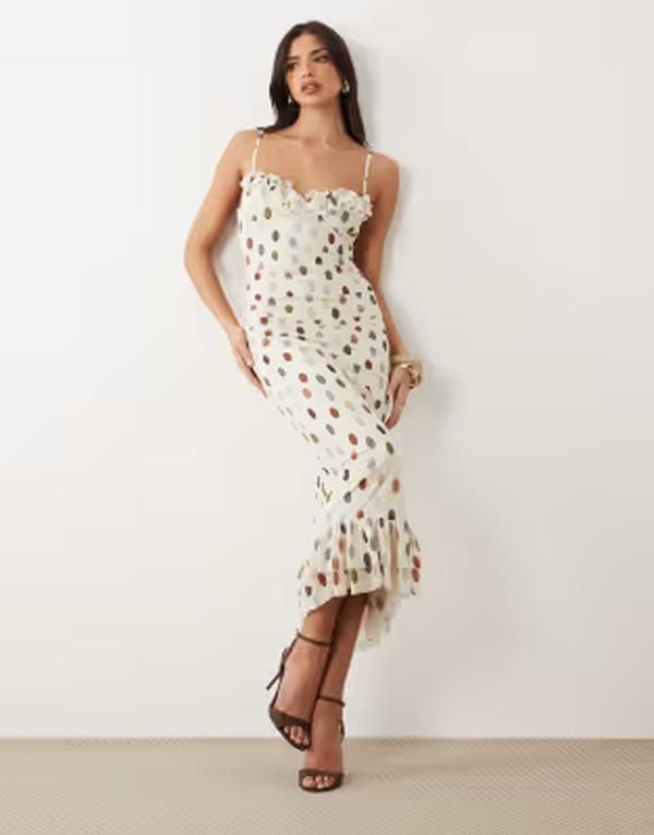 エイソス レディース トップス ワンピース ドット柄 シフォン ドット プリント ミディ ASOS DESIGN printed polka dot stretchiffon midi dress with frill bust detailing in cr