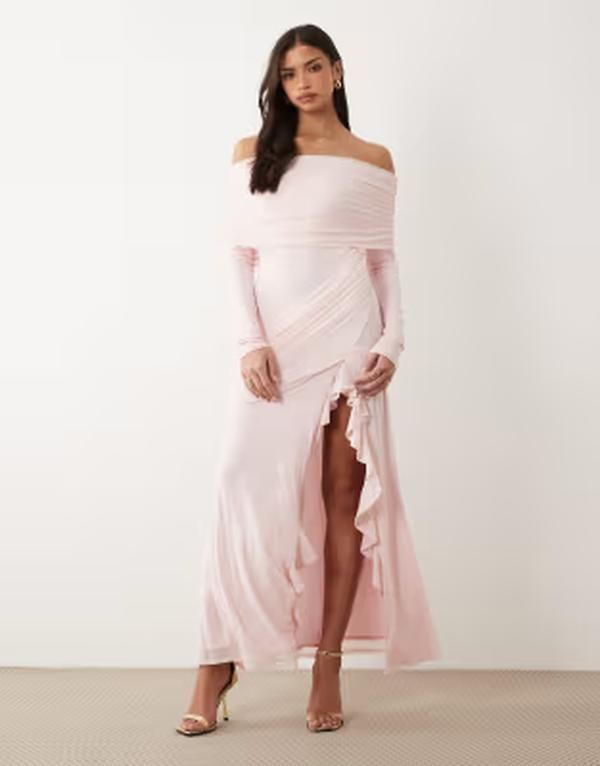 エイソス レディース トップス ワンピース ドレープ フリル メッシュ マキシ ASOS DESIGN mesh off the shoulder maxi dress with drape and ruffle detailing in baby PINK